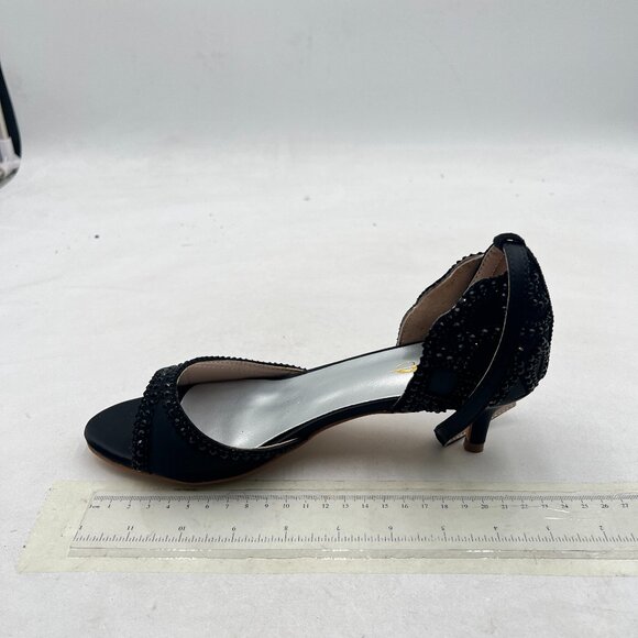 XYD Black Open Toe Rhinestones Ankle Strap Sandals Low Heel Bridal Evening Shoes - Picture 2 of 9